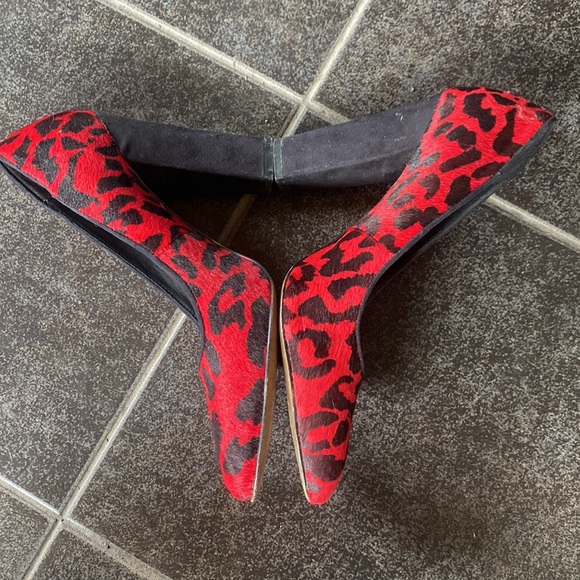 Genuine Leather Red Mohair Leopard Print High Heels - Picture 3 of 6